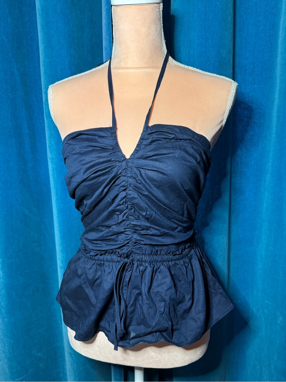 Navy Ruched Halter Peplum Top - Women